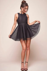 Black Mini Dress with Sleeveless Mesh Overlay Fit-and-Flare