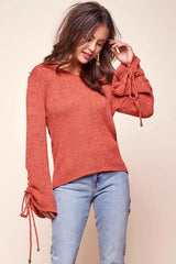 Rust Knit Top with Lace-Up Bell Sleeve