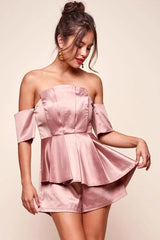 Blush Pink Satin Romper with Off-Shoulder Peplum