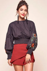 Black Crop Top with Floral Embroidered Puff Sleeve