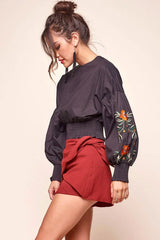 Black Crop Top with Floral Embroidered Puff Sleeve