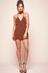Rust Shimmer Romper with Halter V-Neck Tie Waist