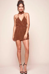 Rust Shimmer Romper with Halter V-Neck Tie Waist