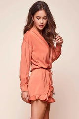 Terracotta Romper with Wrap V-Neck Ruffle Hem