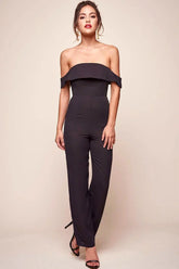 Black Jumpsuit with Off-Shoulder Ruffle Wide Leg