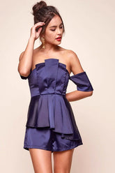 Navy Satin Romper with Off-Shoulder Peplum