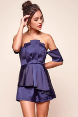 Navy Satin Romper with Off-Shoulder Peplum
