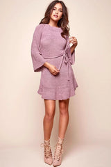 Mauve Knit Mini Dress with Bell Sleeve Tie Waist