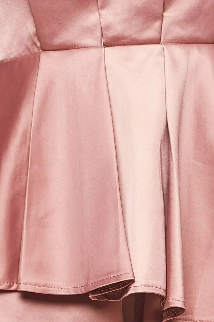 Blush Pink Satin Romper with Off-Shoulder Peplum