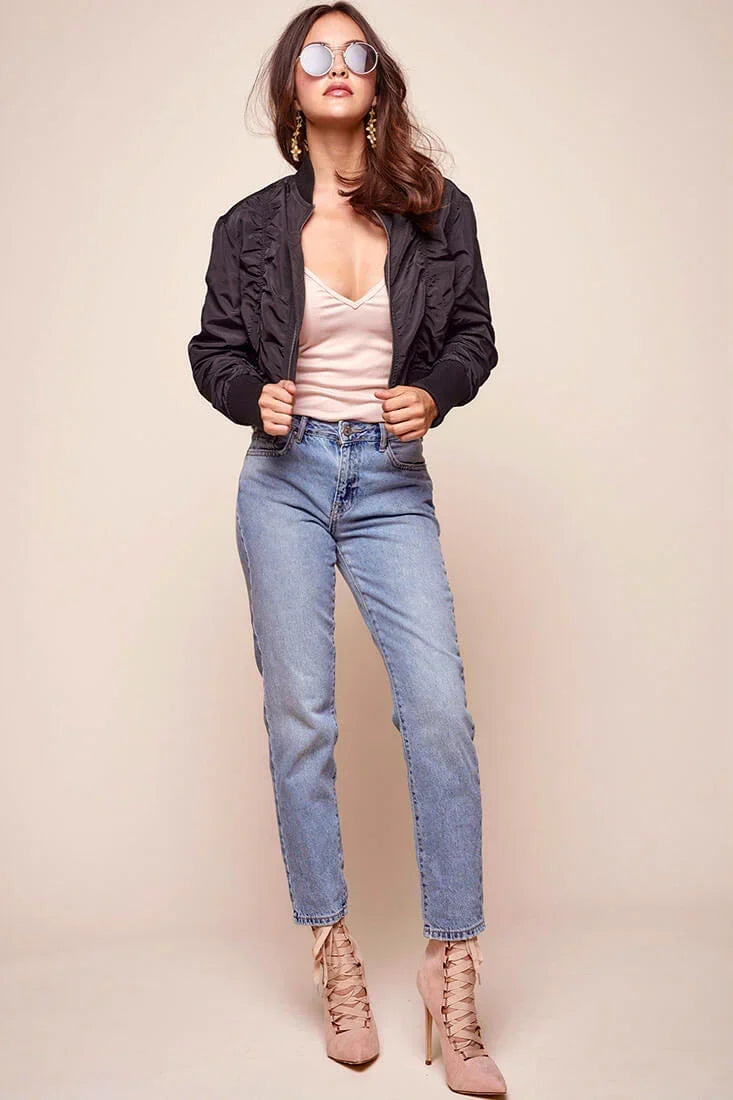 Black Bomber Jacket with Ribbed Cuff Zip-Up