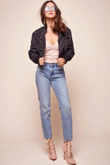 Black Bomber Jacket with Ribbed Cuff Zip-Up