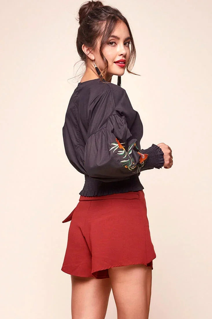 Black Crop Top with Floral Embroidered Puff Sleeve