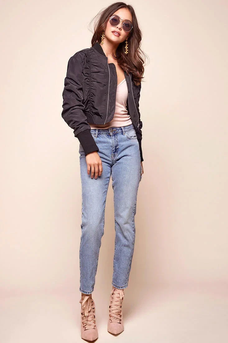 Black Bomber Jacket with Ribbed Cuff Zip-Up