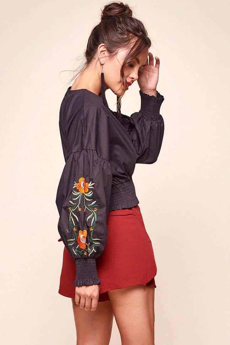 Black Crop Top with Floral Embroidered Puff Sleeve