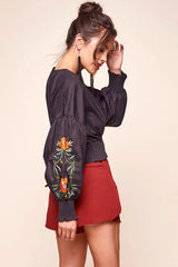 Black Crop Top with Floral Embroidered Puff Sleeve