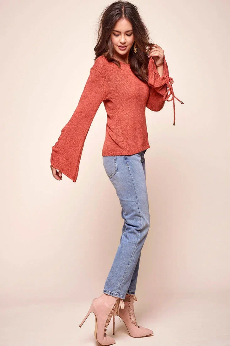 Rust Knit Top with Lace-Up Bell Sleeve