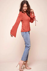 Rust Knit Top with Lace-Up Bell Sleeve