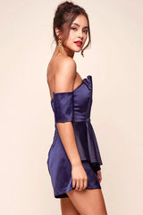 Navy Satin Romper with Off-Shoulder Peplum