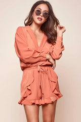 Terracotta Romper with Wrap V-Neck Ruffle Hem