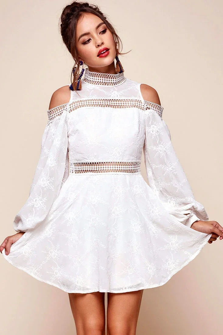 White Mini Dress with Cold Shoulder Crochet Trim