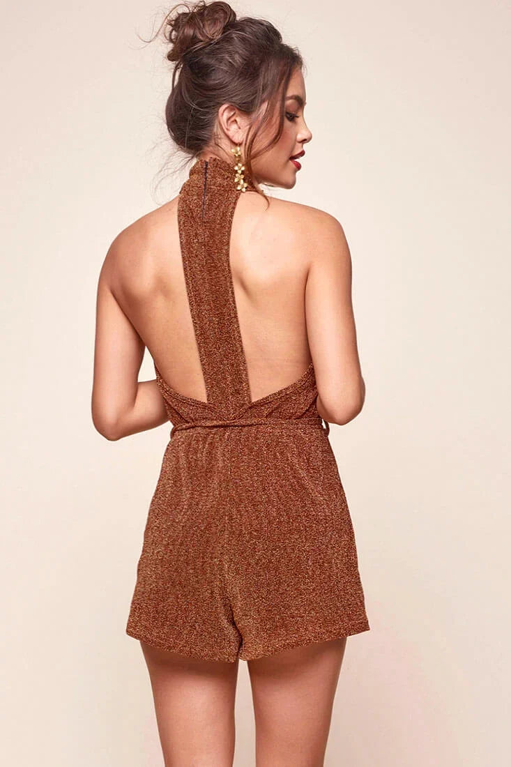 Rust Shimmer Romper with Halter V-Neck Tie Waist