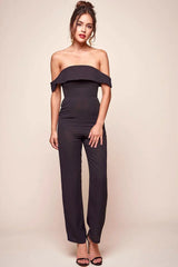 Black Jumpsuit with Off-Shoulder Ruffle Wide Leg