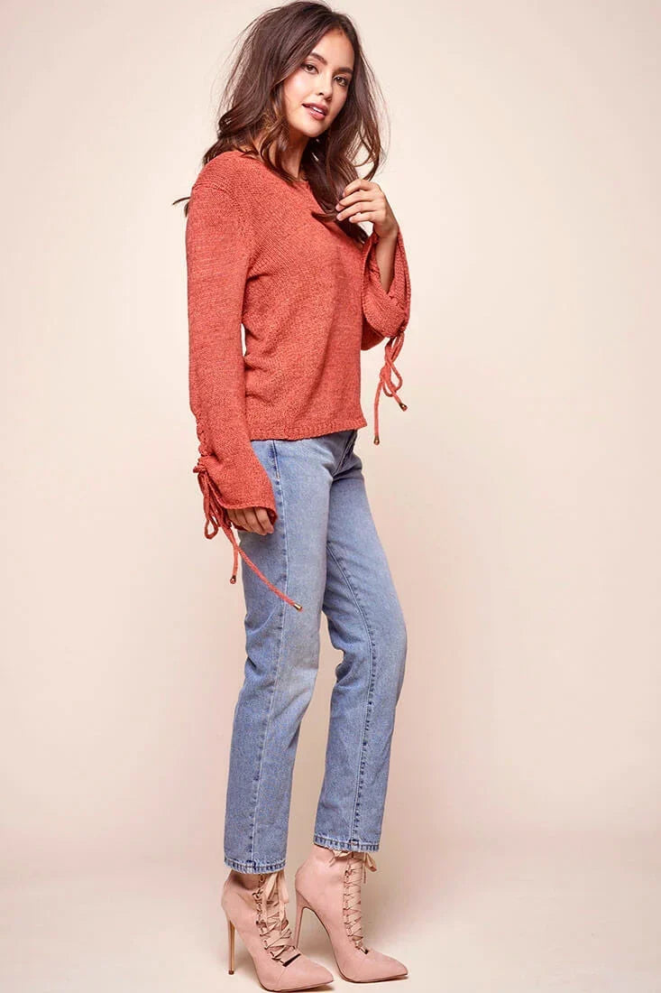 Rust Knit Top with Lace-Up Bell Sleeve