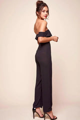 Black Jumpsuit with Off-Shoulder Ruffle Wide Leg