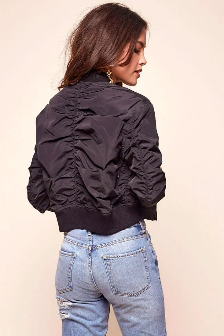 Black Bomber Jacket with Ribbed Cuff Zip-Up