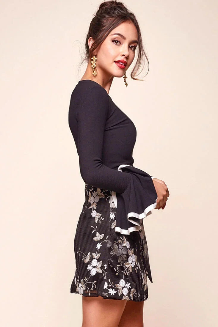 Black Floral Mini Skirt with Mesh Overlay Wrap Tie