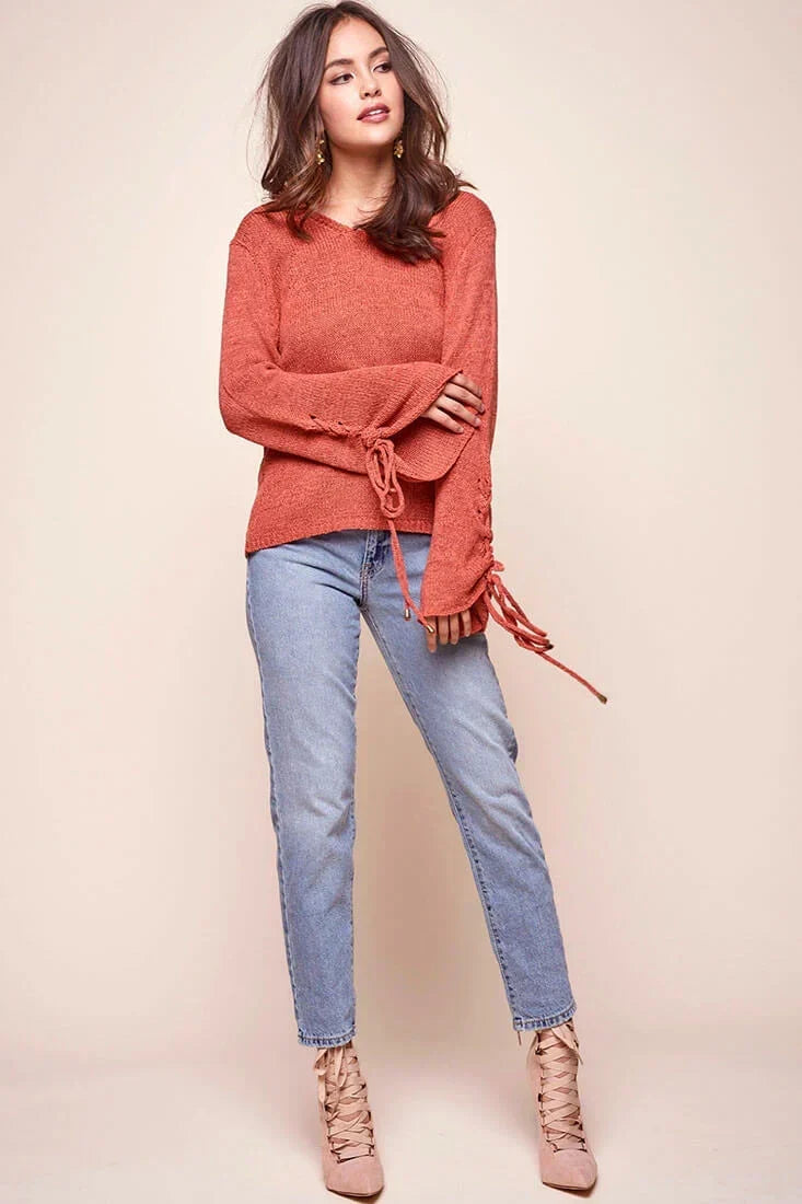 Rust Knit Top with Lace-Up Bell Sleeve