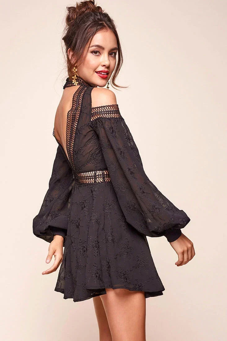 Black Mini Dress with Cold Shoulder Crochet Trim