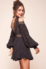 Black Mini Dress with Cold Shoulder Crochet Trim