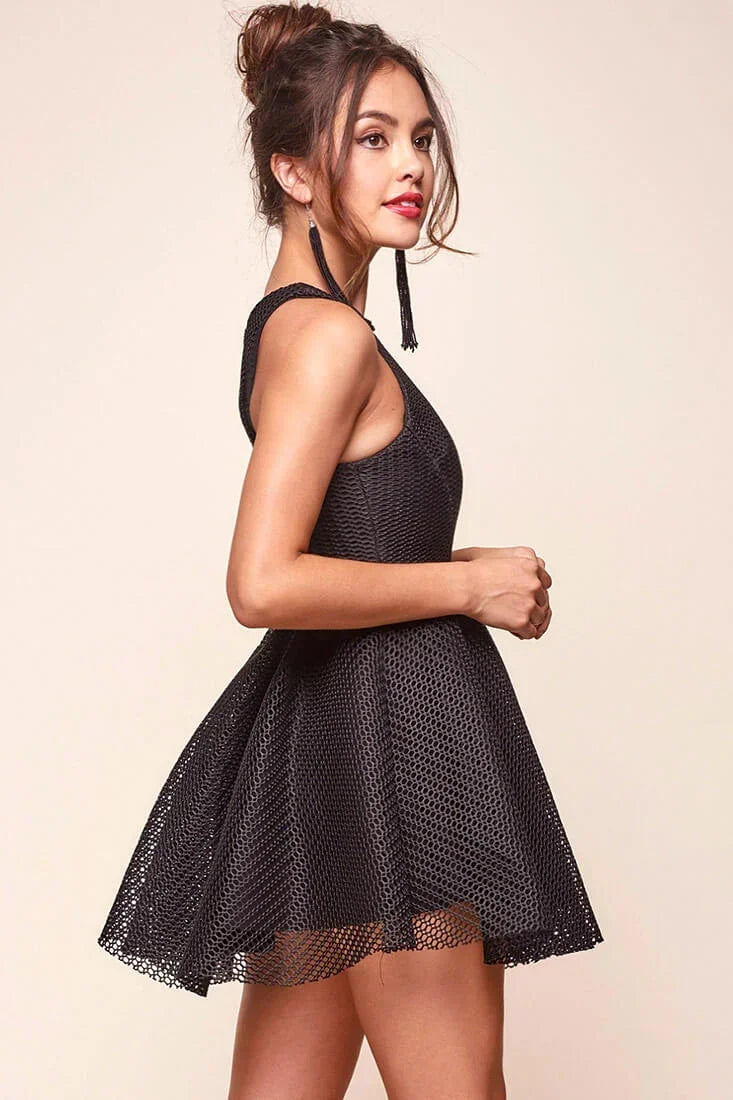 Black Mini Dress with Sleeveless Mesh Overlay Fit-and-Flare