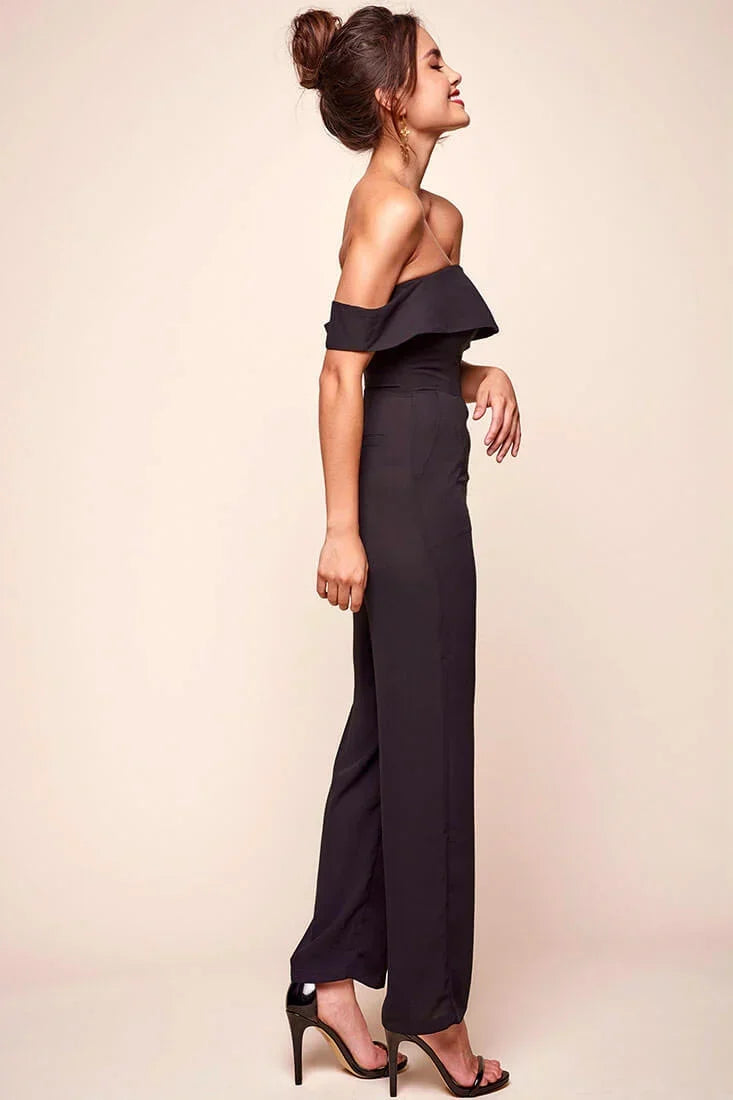 Black Jumpsuit with Off-Shoulder Ruffle Wide Leg