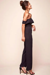 Black Jumpsuit with Off-Shoulder Ruffle Wide Leg