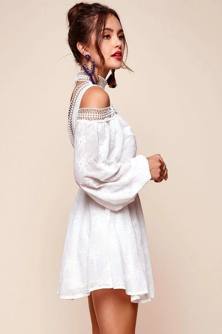White Mini Dress with Cold Shoulder Crochet Trim