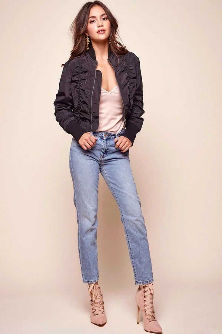 Black Bomber Jacket with Ribbed Cuff Zip-Up
