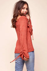 Rust Knit Top with Lace-Up Bell Sleeve