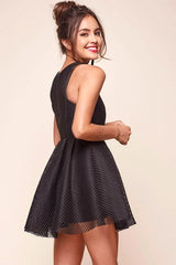 Black Mini Dress with Sleeveless Mesh Overlay Fit-and-Flare