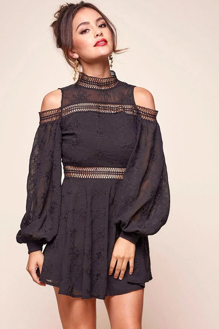 Black Mini Dress with Cold Shoulder Crochet Trim