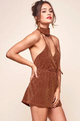 Rust Shimmer Romper with Halter V-Neck Tie Waist