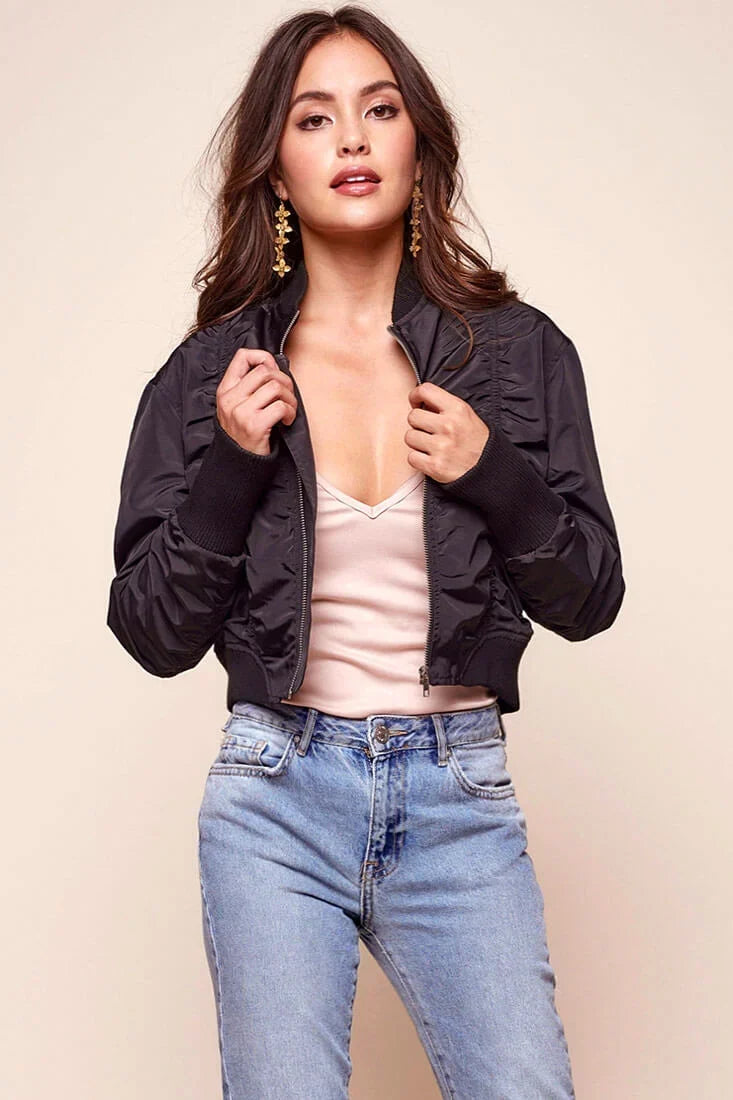 Black Bomber Jacket with Ribbed Cuff Zip-Up