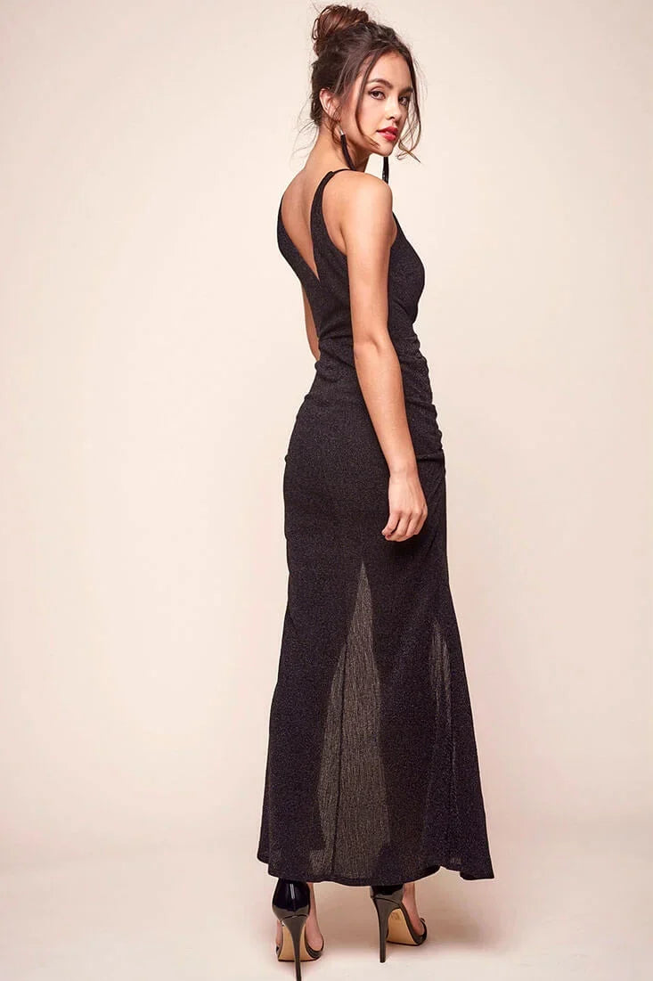 Black Maxi Dress with Wrap V-Neck High Slit