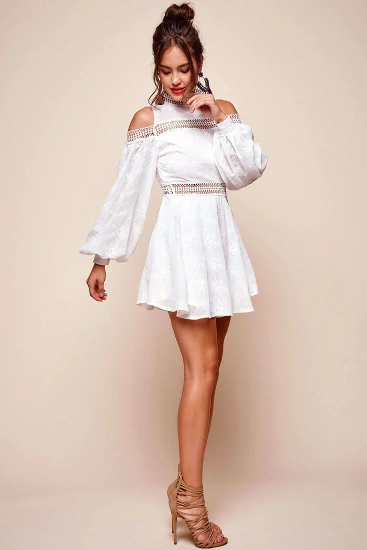 White Mini Dress with Cold Shoulder Crochet Trim