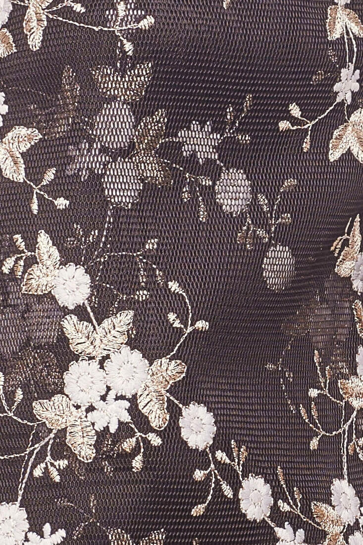 Black Floral Mini Skirt with Mesh Overlay Wrap Tie